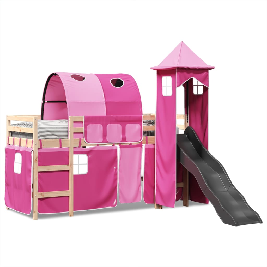 Letto a Soppalco con Torre Bambini Rosa 80x200cm Massello Pino 3309148