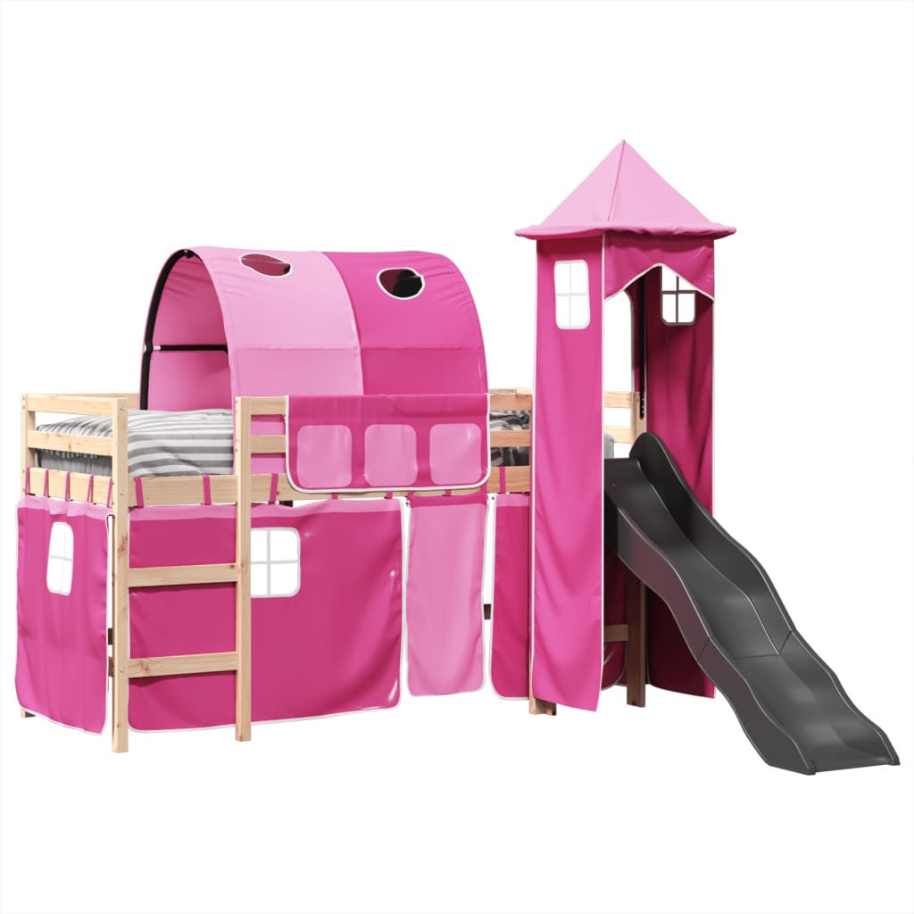 Letto a Soppalco con Torre Bambini Rosa 80x200cm Massello Pino 3309148