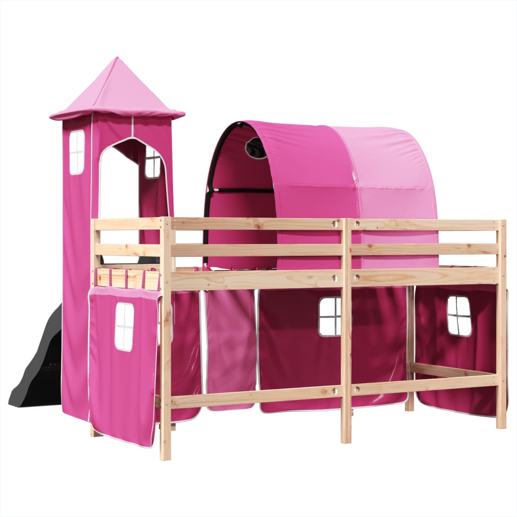 Letto a Soppalco con Torre Bambini Rosa 80x200cm Massello Pino 3309148