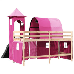 Letto a Soppalco con Torre Bambini Rosa 80x200cm Massello Pino 3309148