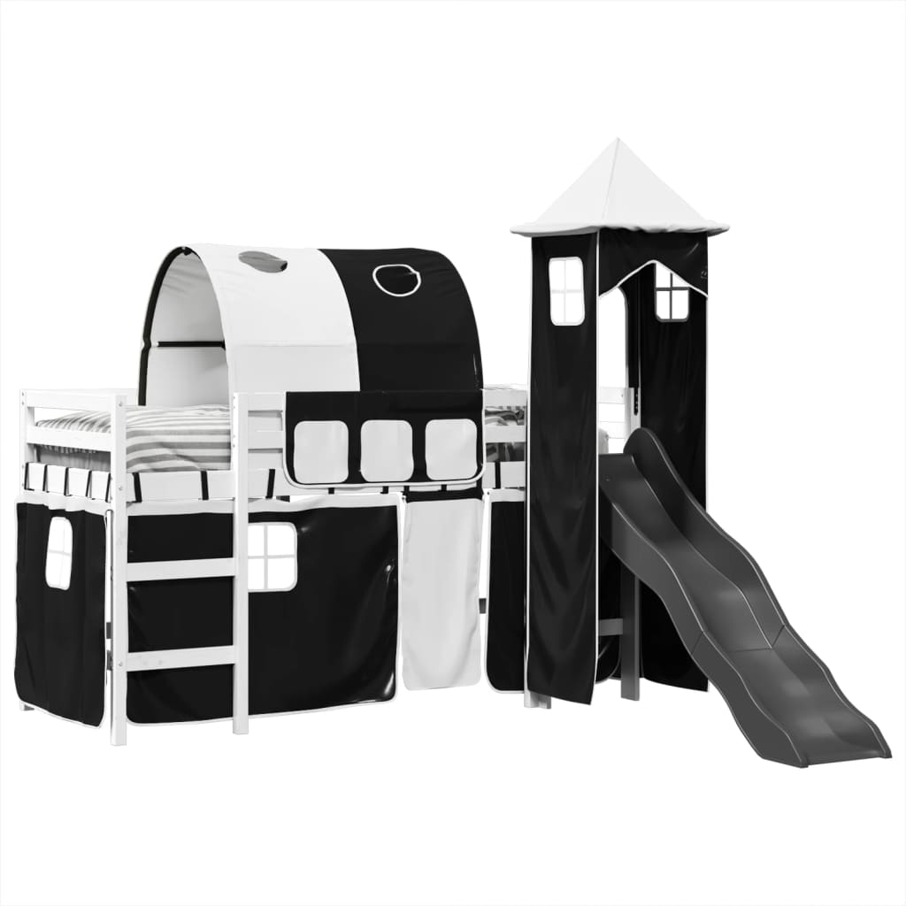 Letto a Soppalco con Torre Bambini Bianco e Nero 80x200cm Pino 3309149