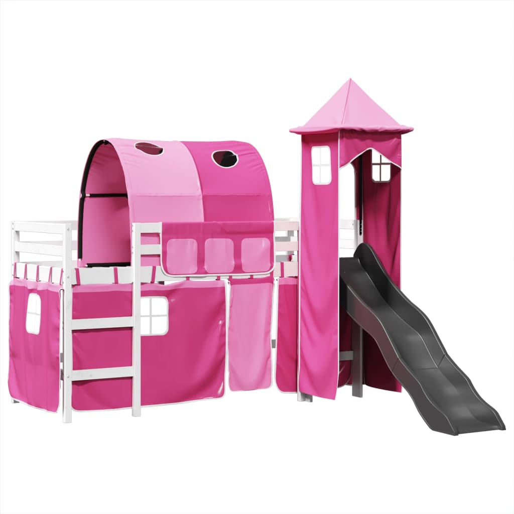 Letto a Soppalco con Torre Bambini Rosa 80x200cm Massello Pino 3309151