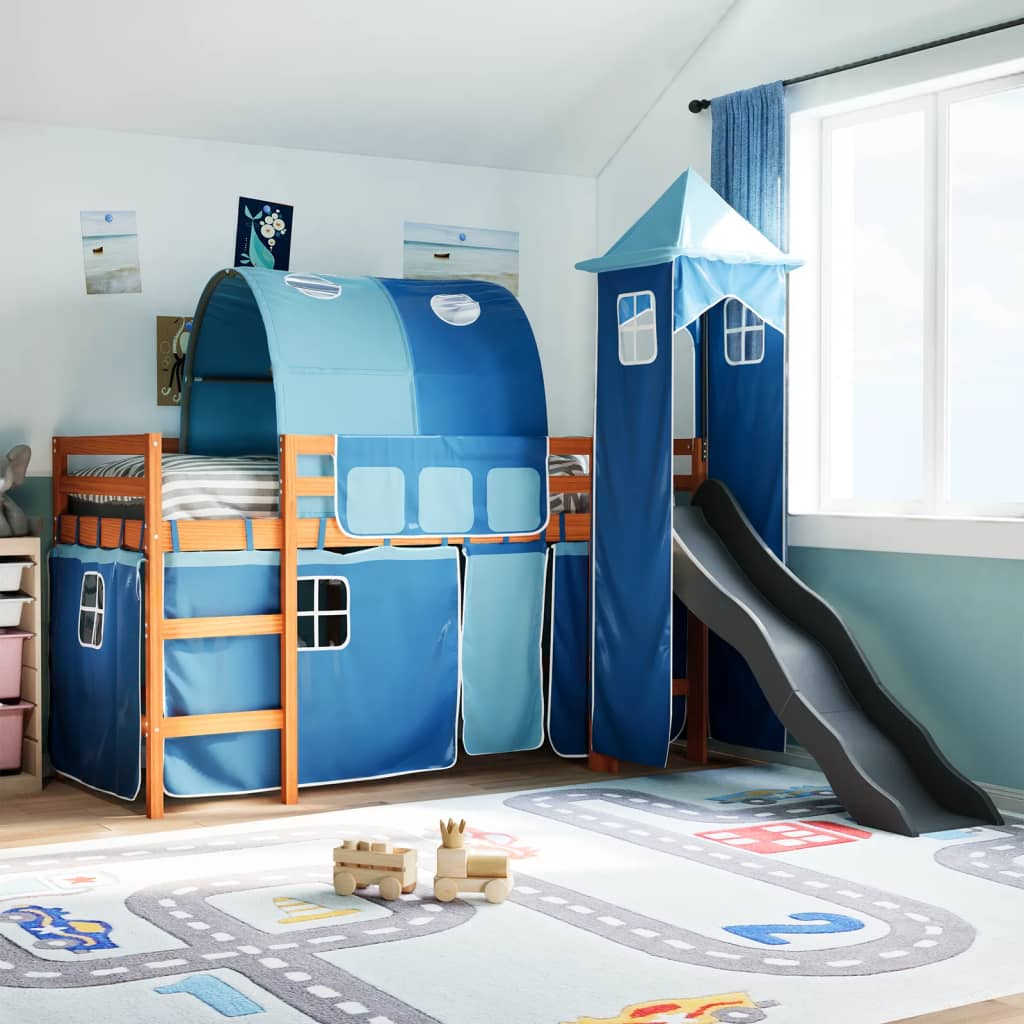 Letto a Soppalco con Torre Bambini Blu 80x200cm Massello Pino 3309153