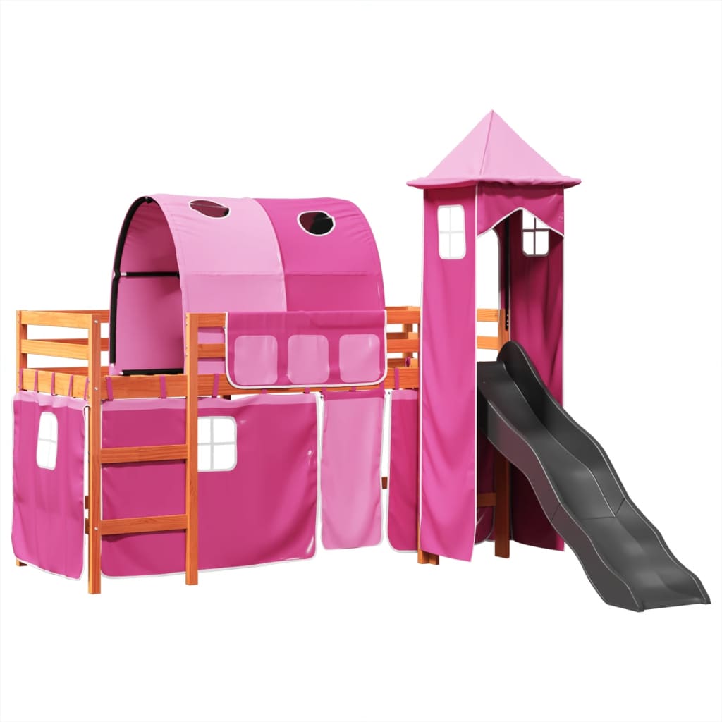 Letto a Soppalco con Torre Bambini Rosa 80x200cm Massello Pino 3309154