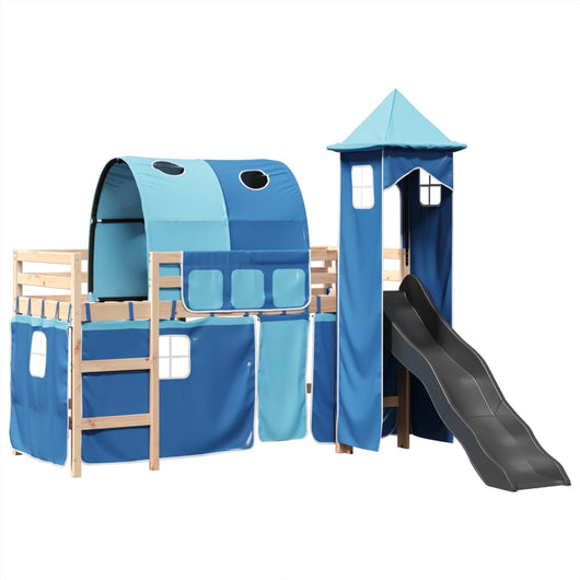 Letto a Soppalco con Torre Bambini Blu 90x200cm Massello Pino 3309156