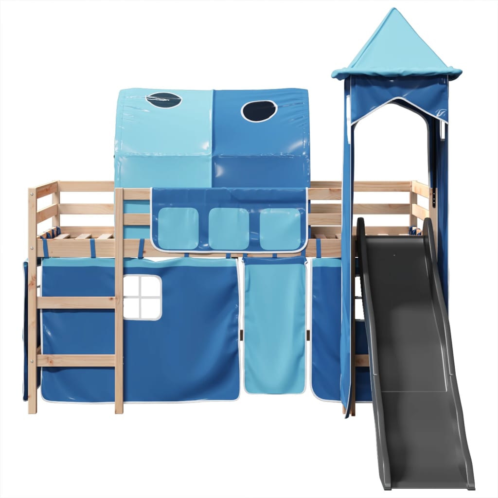 Letto a Soppalco con Torre Bambini Blu 90x200cm Massello Pino 3309156