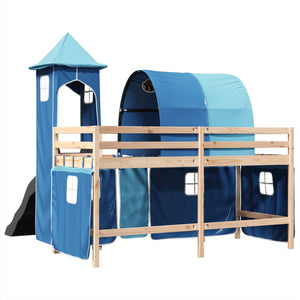 Letto a Soppalco con Torre Bambini Blu 90x200cm Massello Pino 3309156