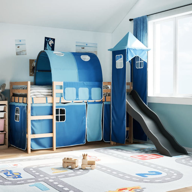 Letto a Soppalco con Torre Bambini Blu 90x200cm Massello Pino 3309156