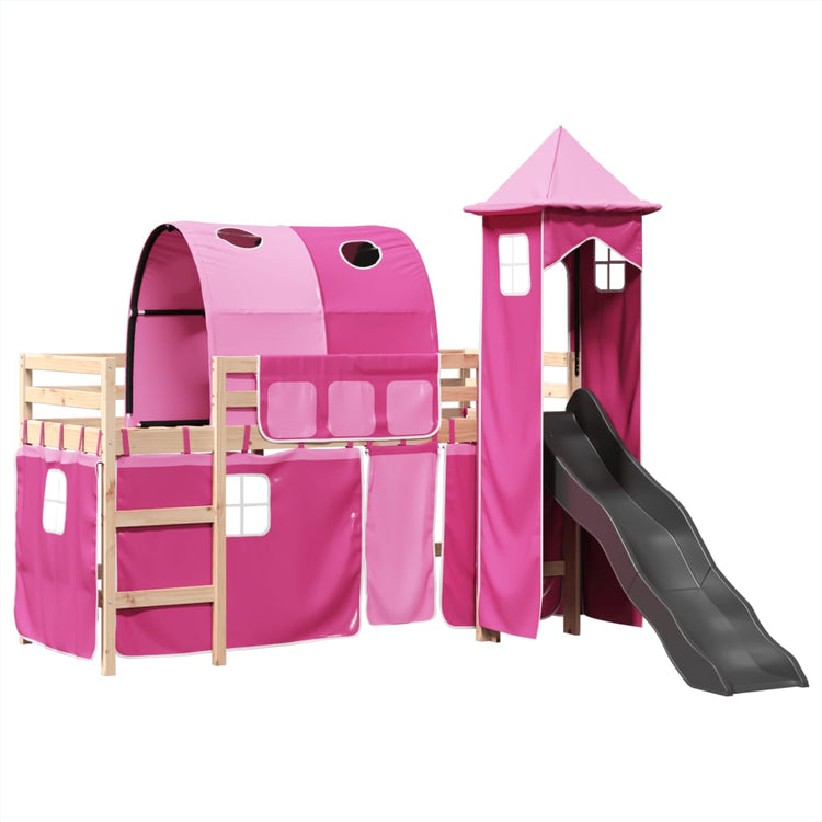 Letto a Soppalco con Torre Bambini Rosa 90x200cm Massello Pino 3309157