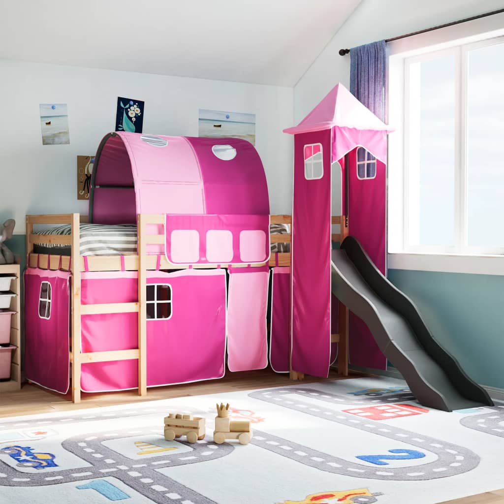 Letto a Soppalco con Torre Bambini Rosa 90x200cm Massello Pino 3309157