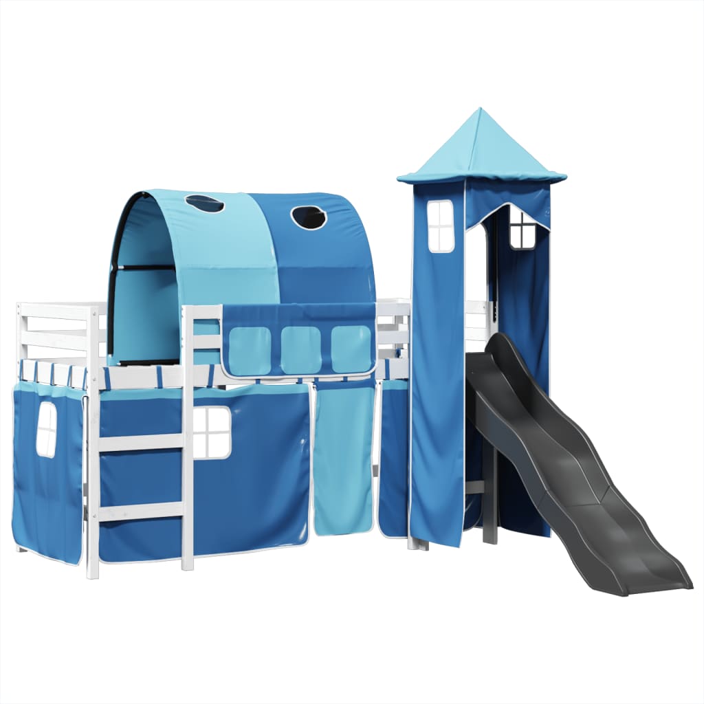 Letto a Soppalco con Torre Bambini Blu 90x200cm Massello Pino 3309159