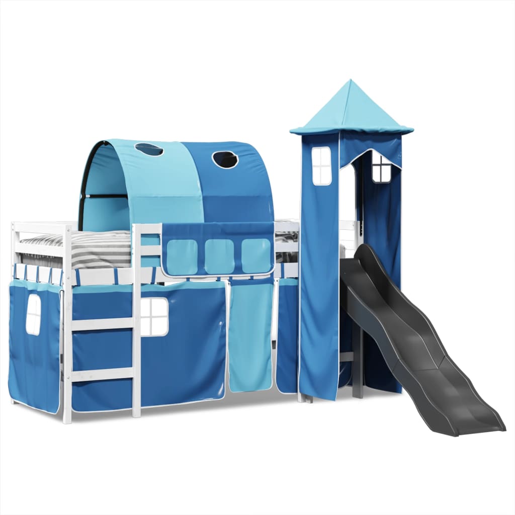 Letto a Soppalco con Torre Bambini Blu 90x200cm Massello Pino 3309159