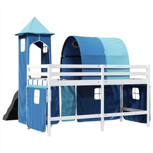 Letto a Soppalco con Torre Bambini Blu 90x200cm Massello Pino 3309159