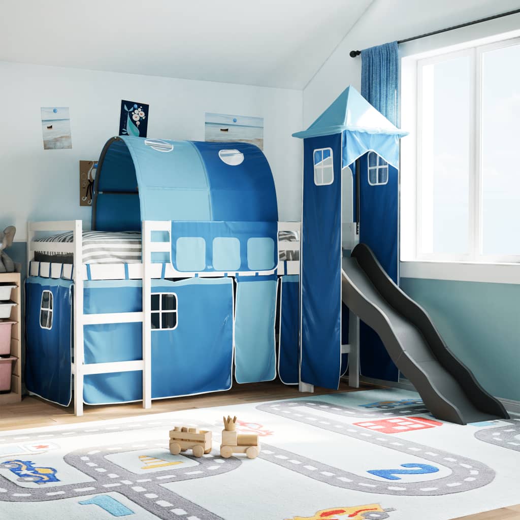 Letto a Soppalco con Torre Bambini Blu 90x200cm Massello Pino 3309159