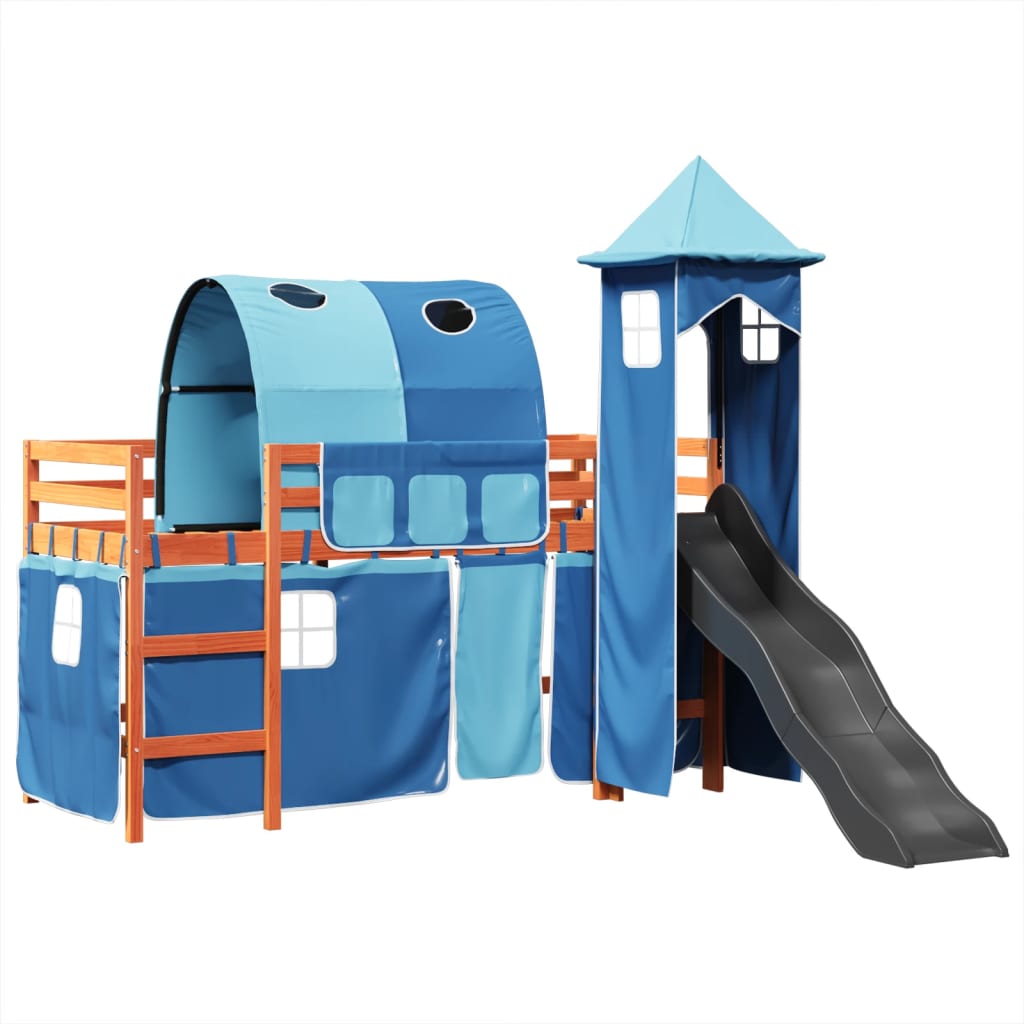 Letto a Soppalco con Torre Bambini Blu 90x200cm Massello Pino 3309162