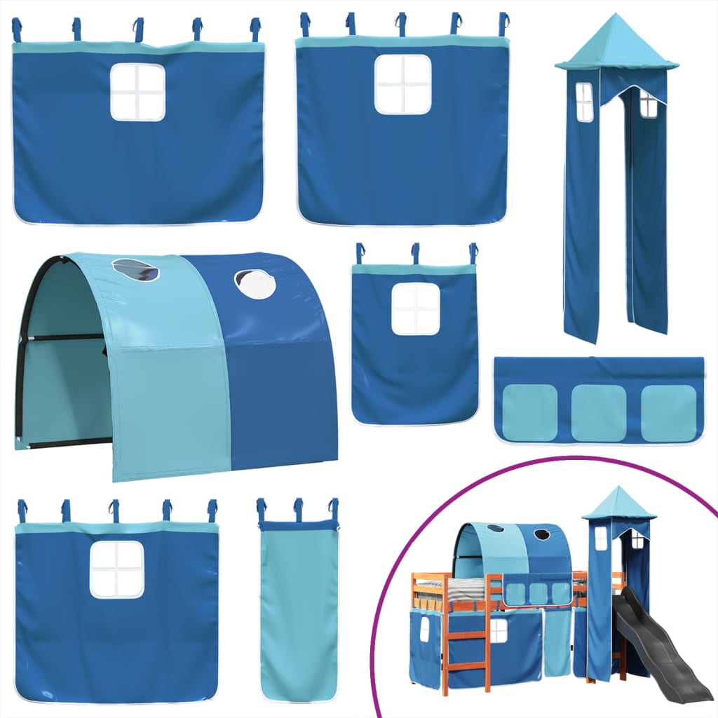 Letto a Soppalco con Torre Bambini Blu 90x200cm Massello Pino 3309162