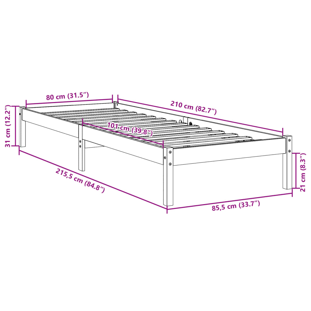 Letto Extra Lungo senza Materasso 80x200 cm in Legno di Pino 852401