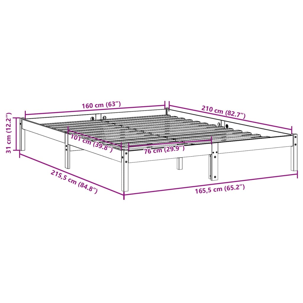 Letto Extra Lungo senza Materasso 160x210 cm in Legno di Pino 852409