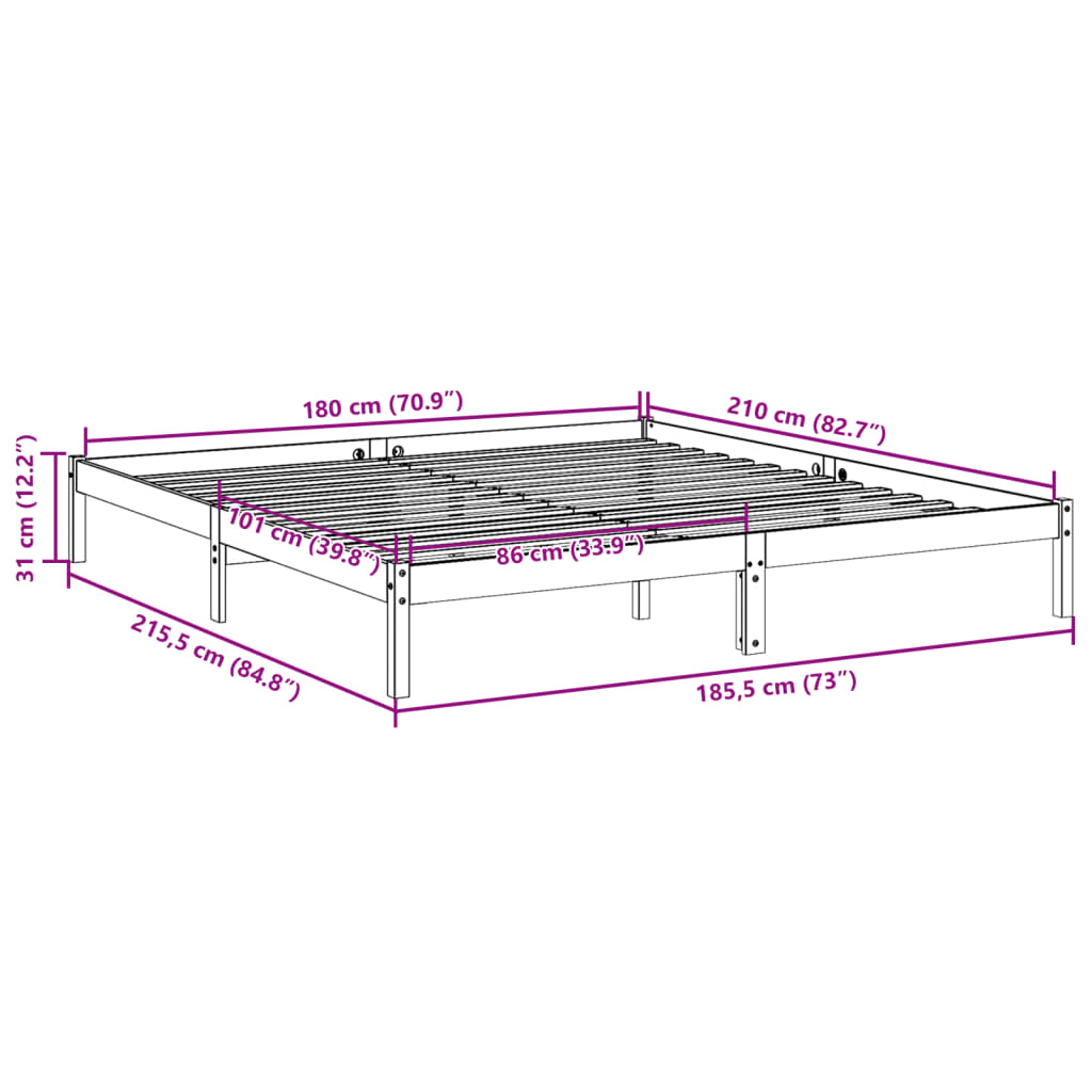 Letto Extra Lungo senza Materasso 180x210 cm in Legno di Pino 852410