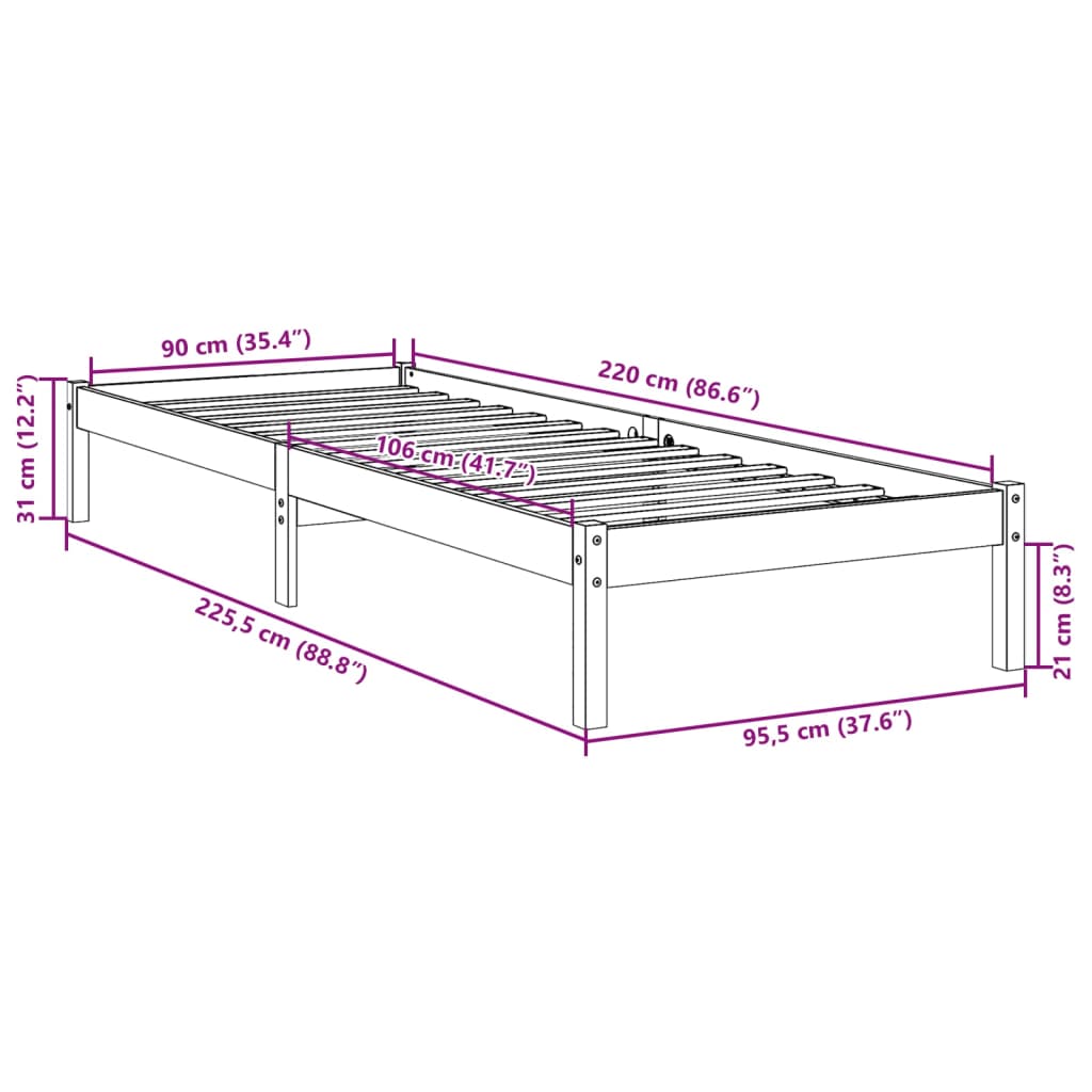 Letto Extra Lungo senza Materasso 90x220 cm in Legno di Pino 852416