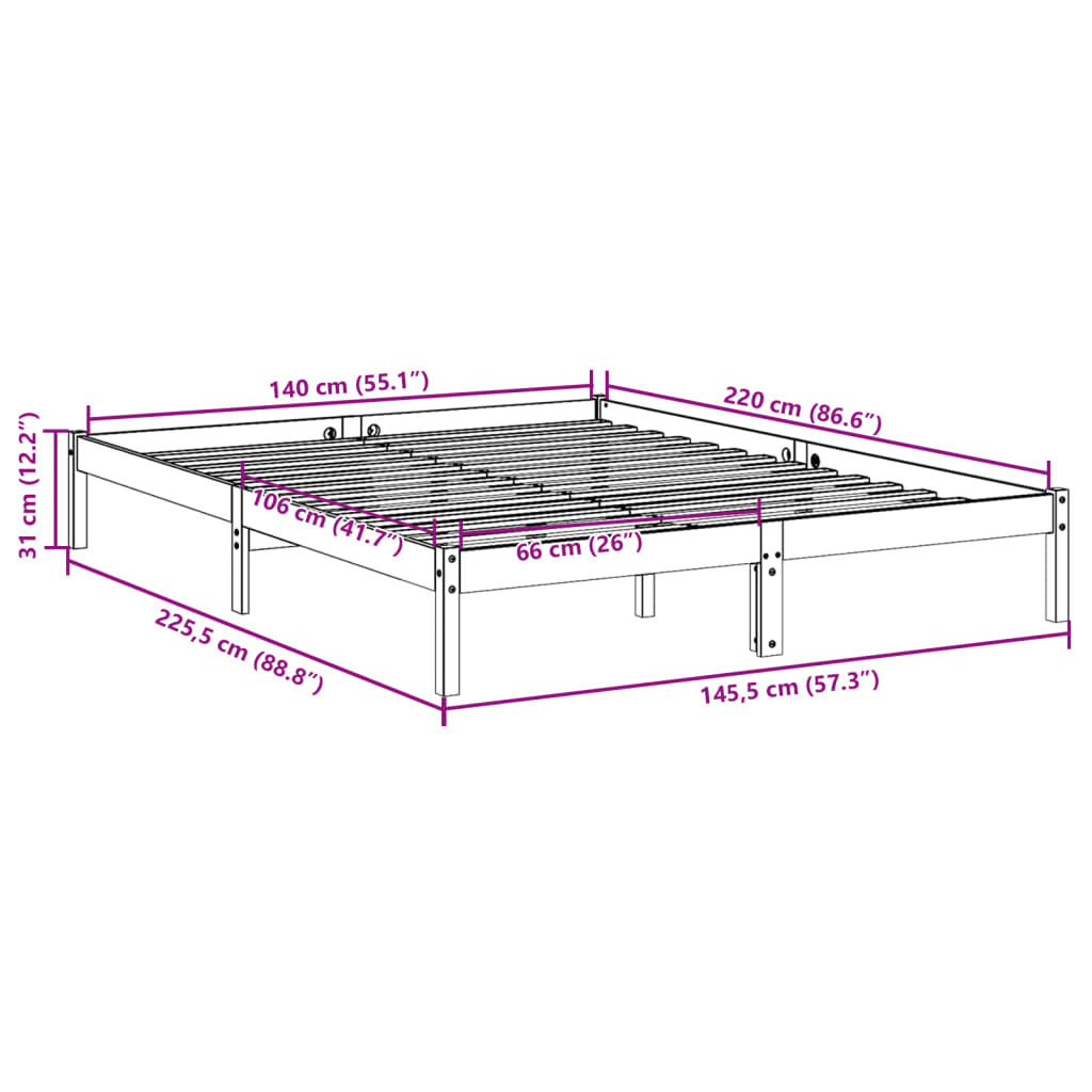 Letto Extra Lungo senza Materasso 140x220 cm in Legno di Pino 852420