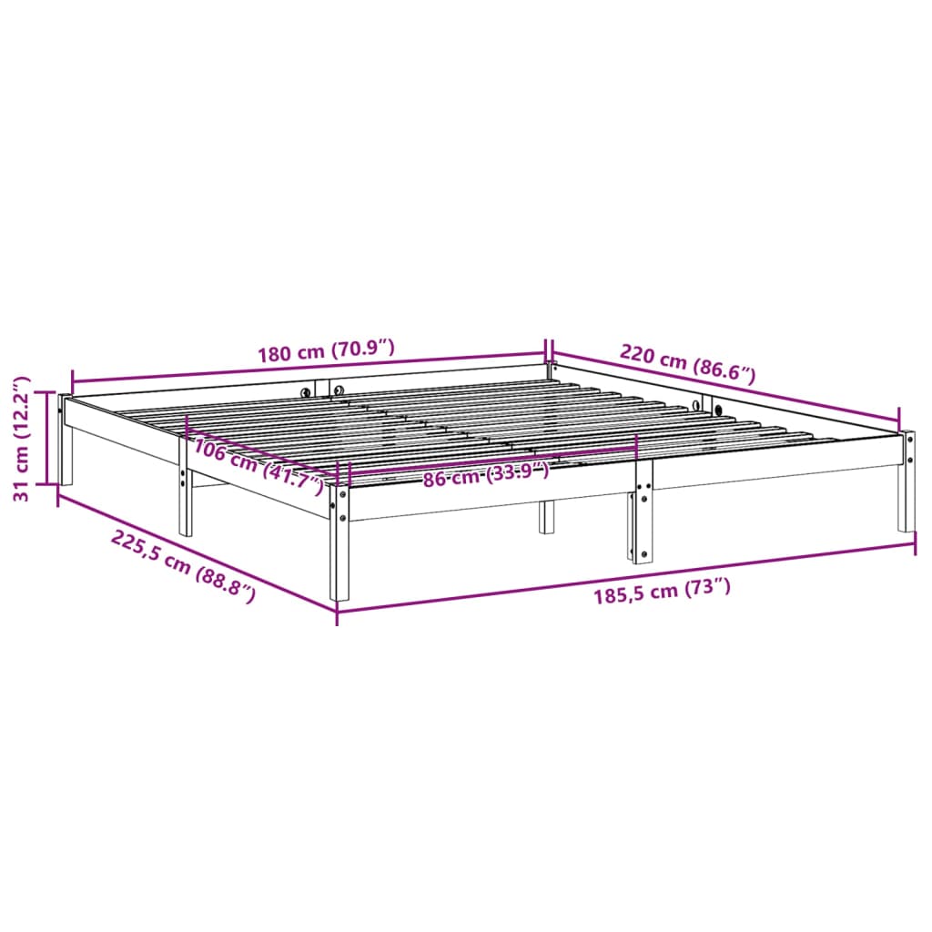 Letto Extra Lungo senza Materasso 180x220 cm in Legno di Pino 852424