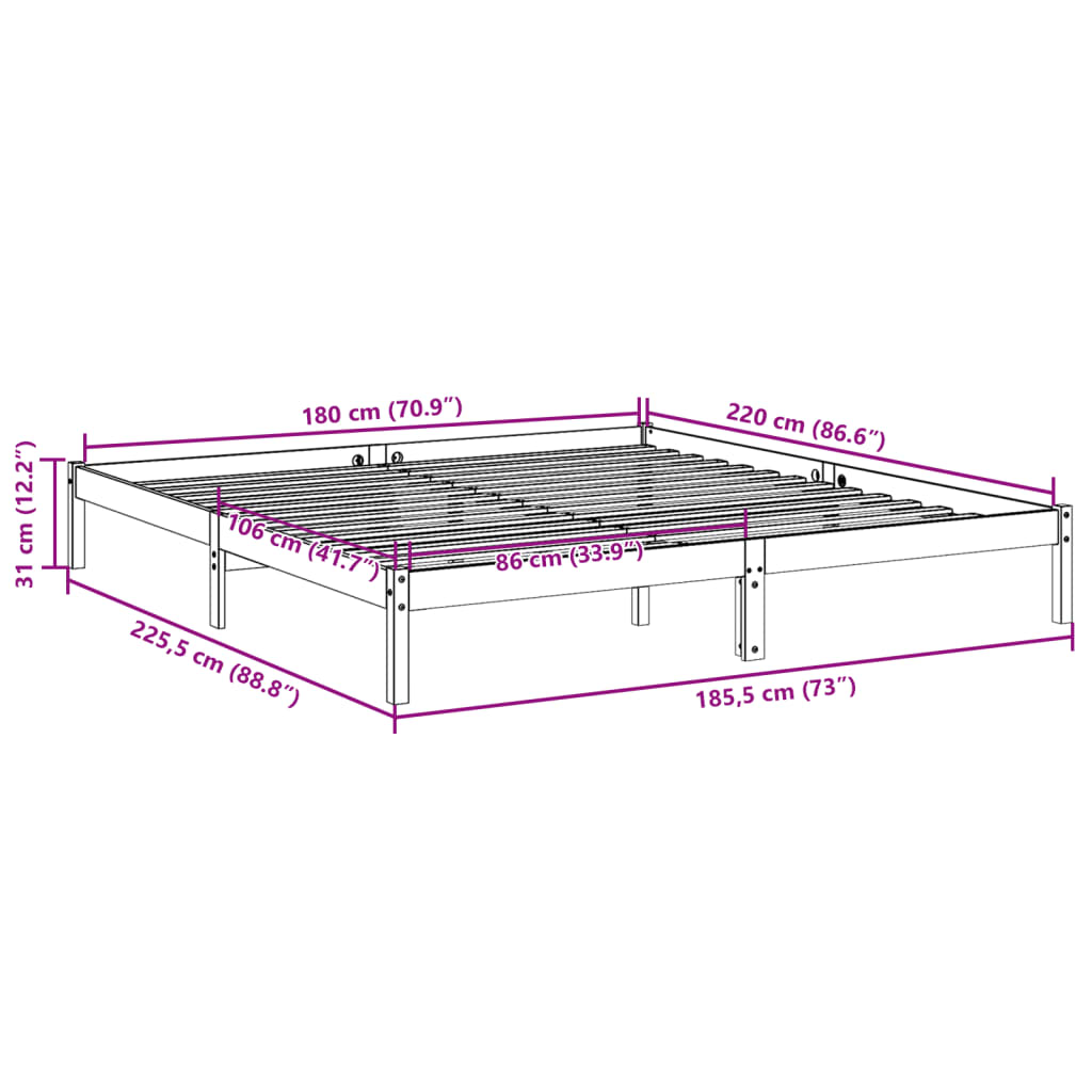 Letto Extra Lungo senza Materasso Bianco 180x220 cm in Pino 852425