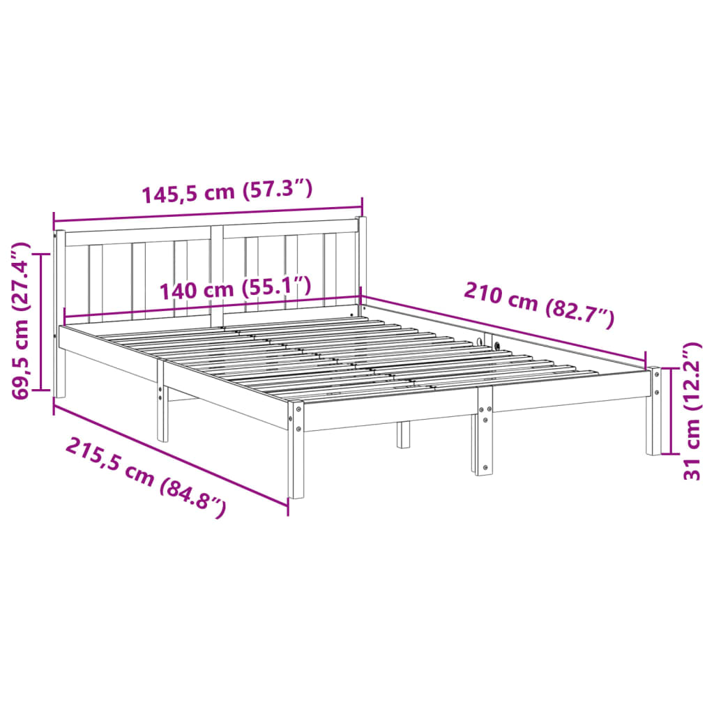 Letto Extra Lungo senza Materasso 140x210 cm in Legno di Pino 852434