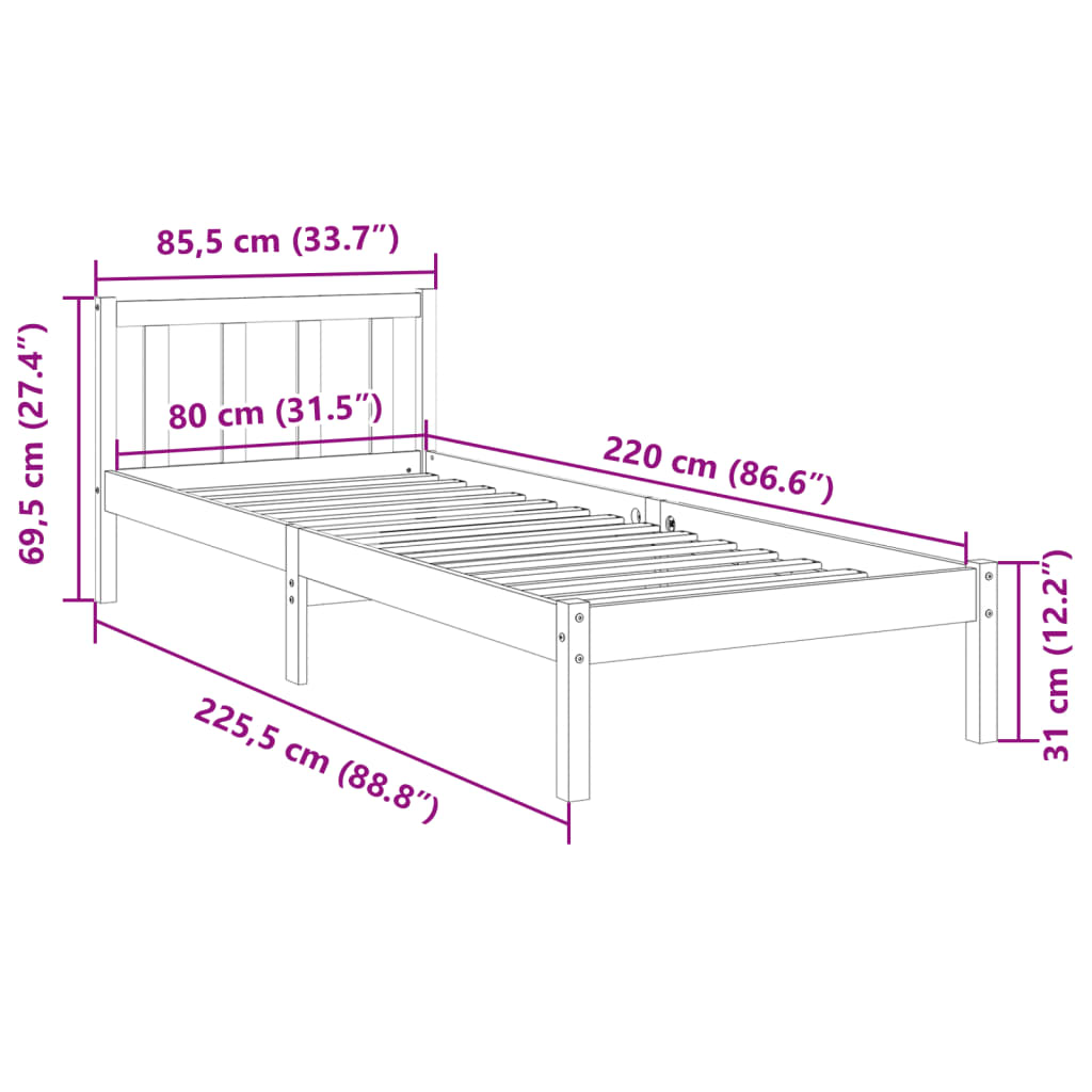 Letto Extra Lungo senza Materasso 80x220 cm in Legno di Pino 852442