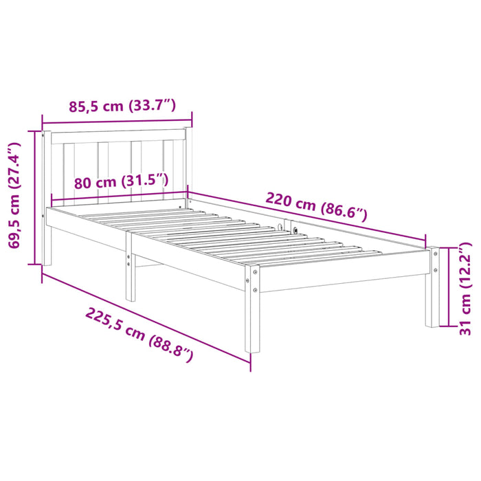 Letto Extra Lungo senza Materasso 80x220 cm in Legno di Pino 852442