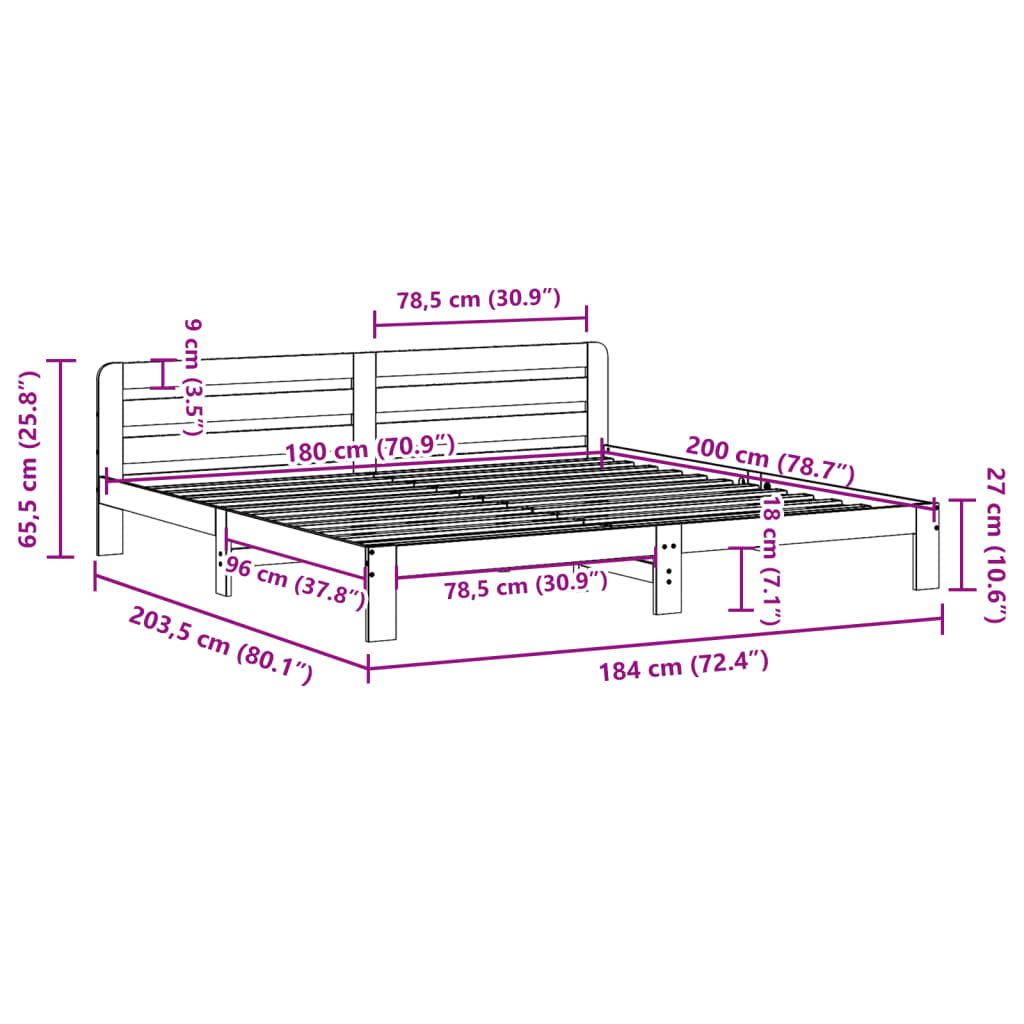 Letto senza Materasso Bianco 180x200 cm Legno Massello di Pino 855559