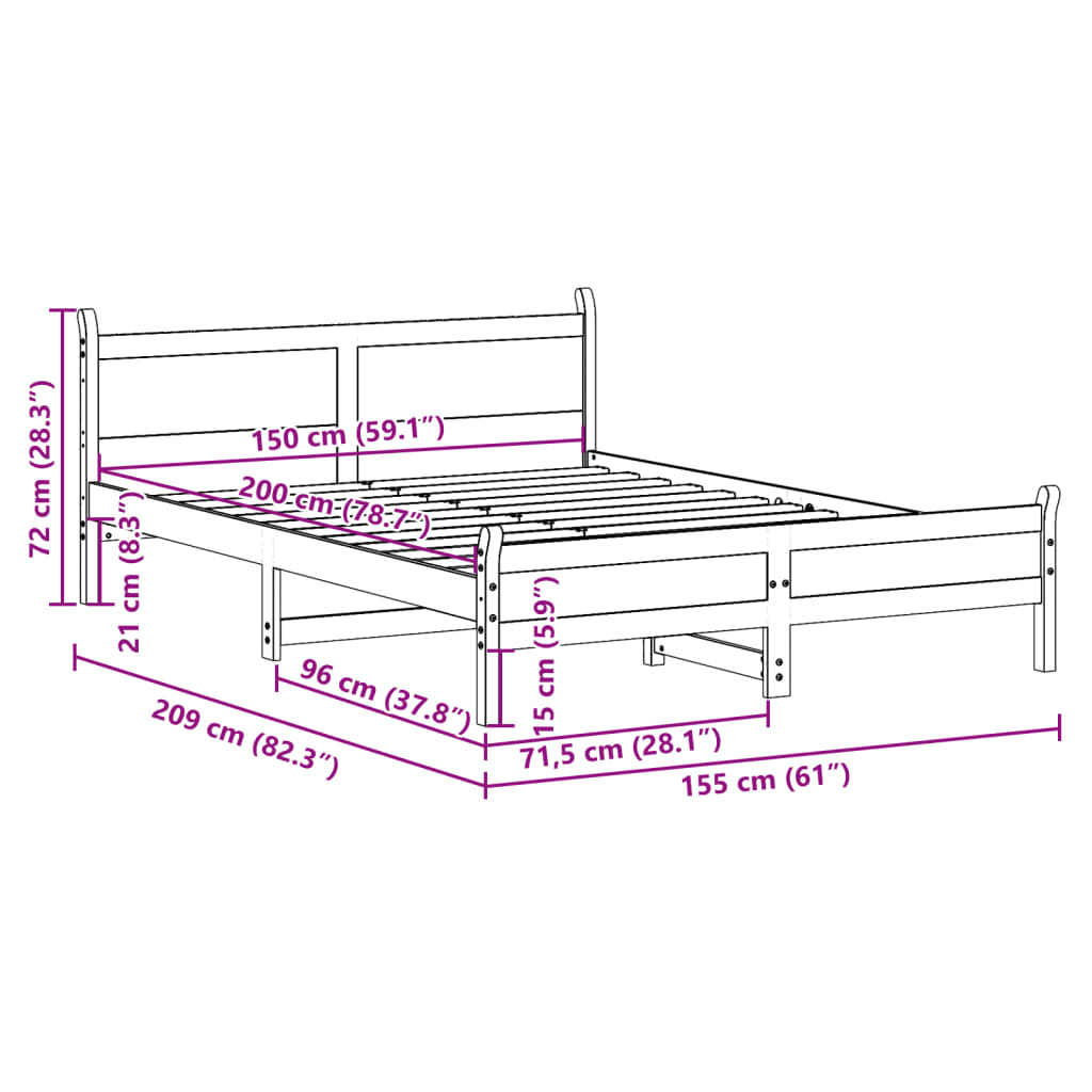 Letto senza Materasso Bianco 150x200 cm Legno Massello di Pino 855589