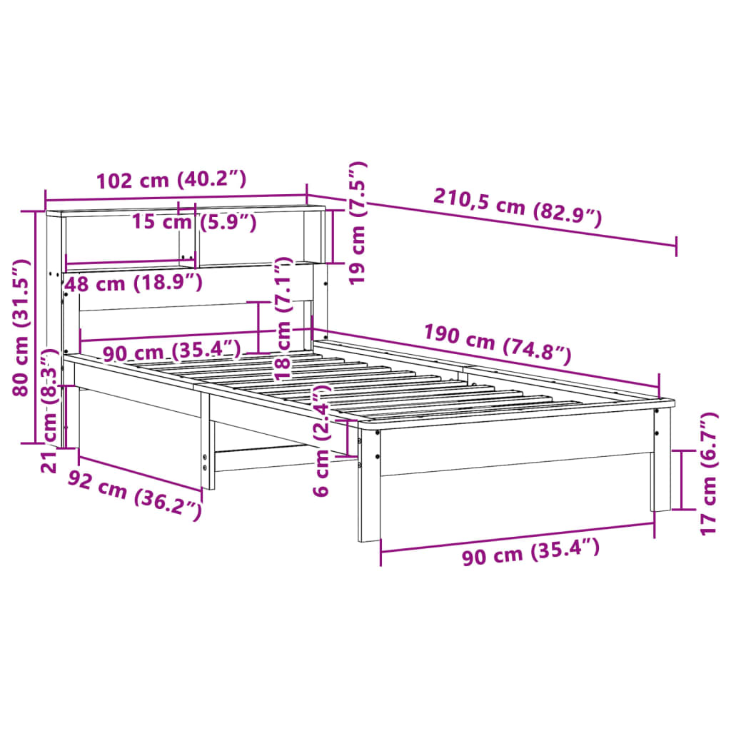 Letto Libreria senza Materasso 90x190 cm Legno Massello Pino 855732