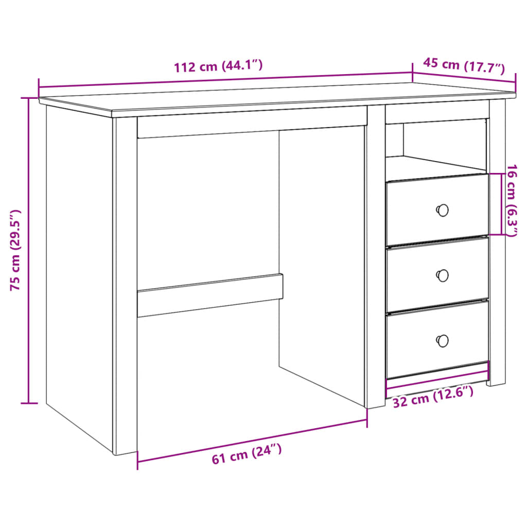 Scrivania Panama 112x45x75 cm Legno Massello di Pino 4016389