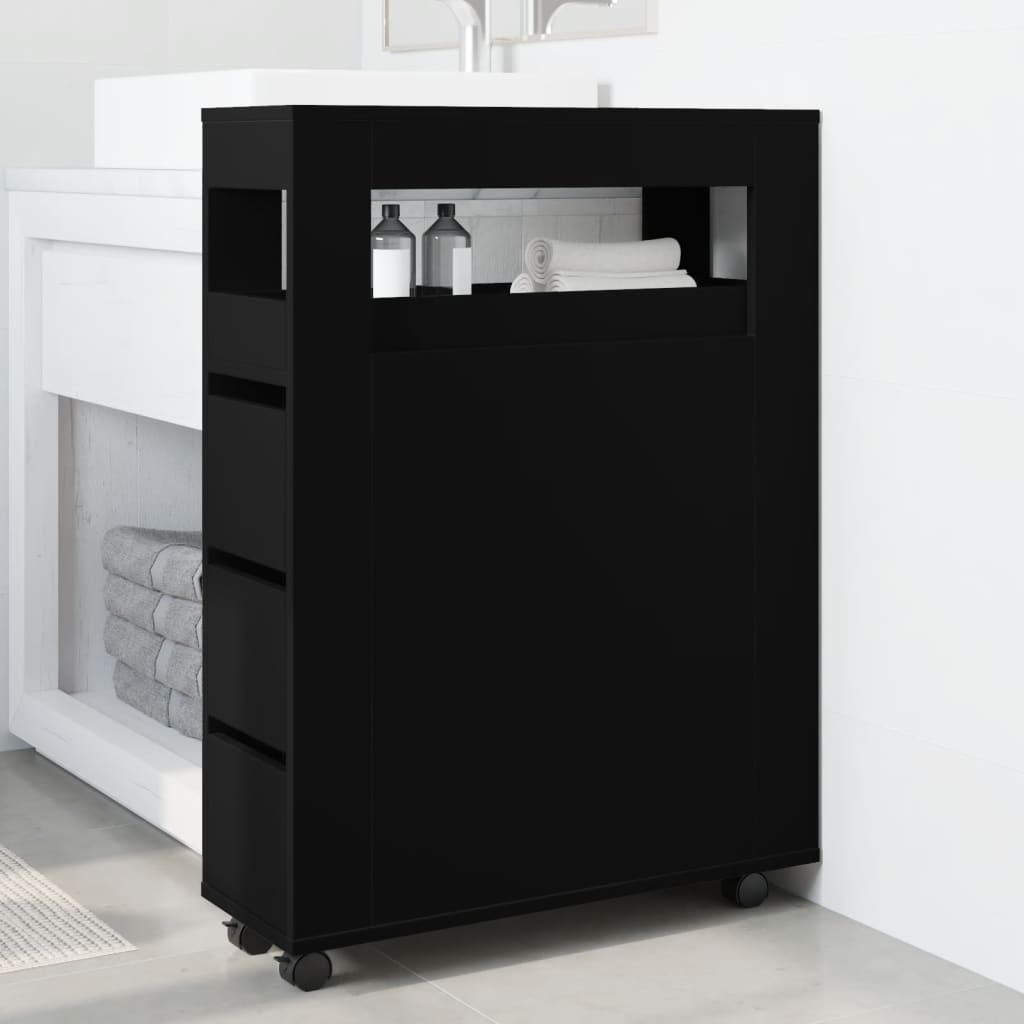 Mobile da Bagno Stretto con Ruote Nero in Truciolato 855269