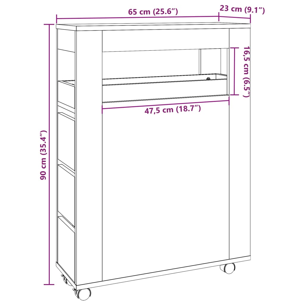 Mobile da Bagno Stretto con Ruote Rovere Artigianale Truciolato 855276