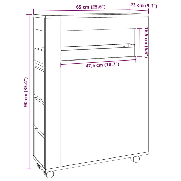 Mobile da Bagno Stretto con Ruote Rovere Artigianale Truciolato 855276