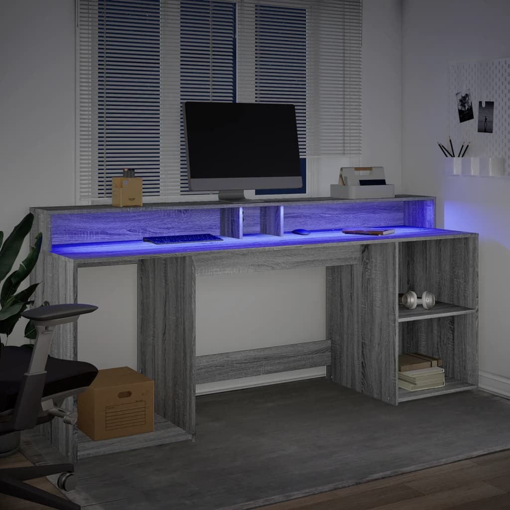 Scrivania con Luci LED Grigio Sonoma 200x55x91cm in Truciolato 3309443