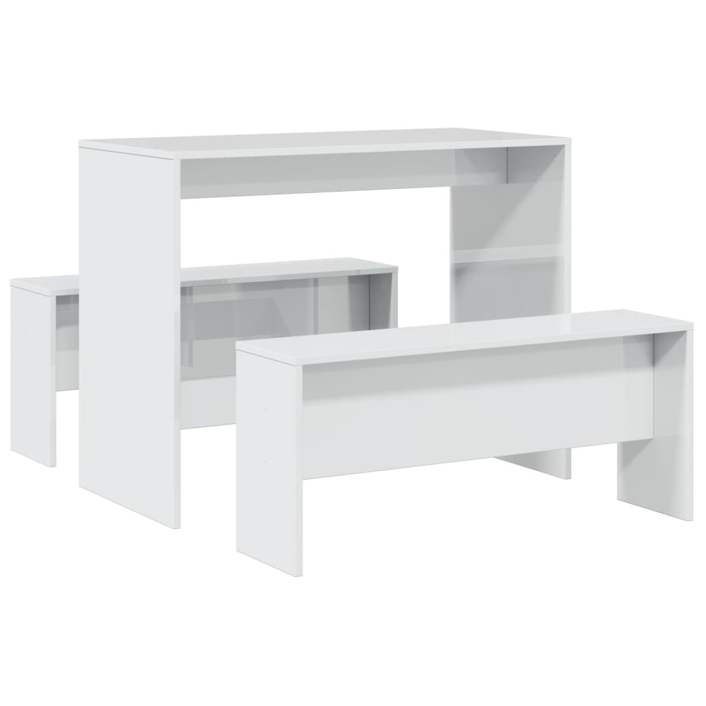 Set Tavolo da Pranzo e Panche 3 pz Bianco Lucido in Truciolato 855534