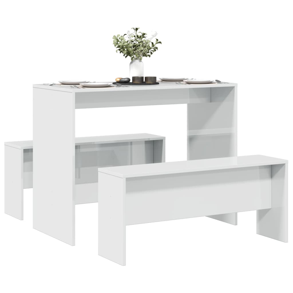 Set Tavolo da Pranzo e Panche 3 pz Bianco Lucido in Truciolato 855534