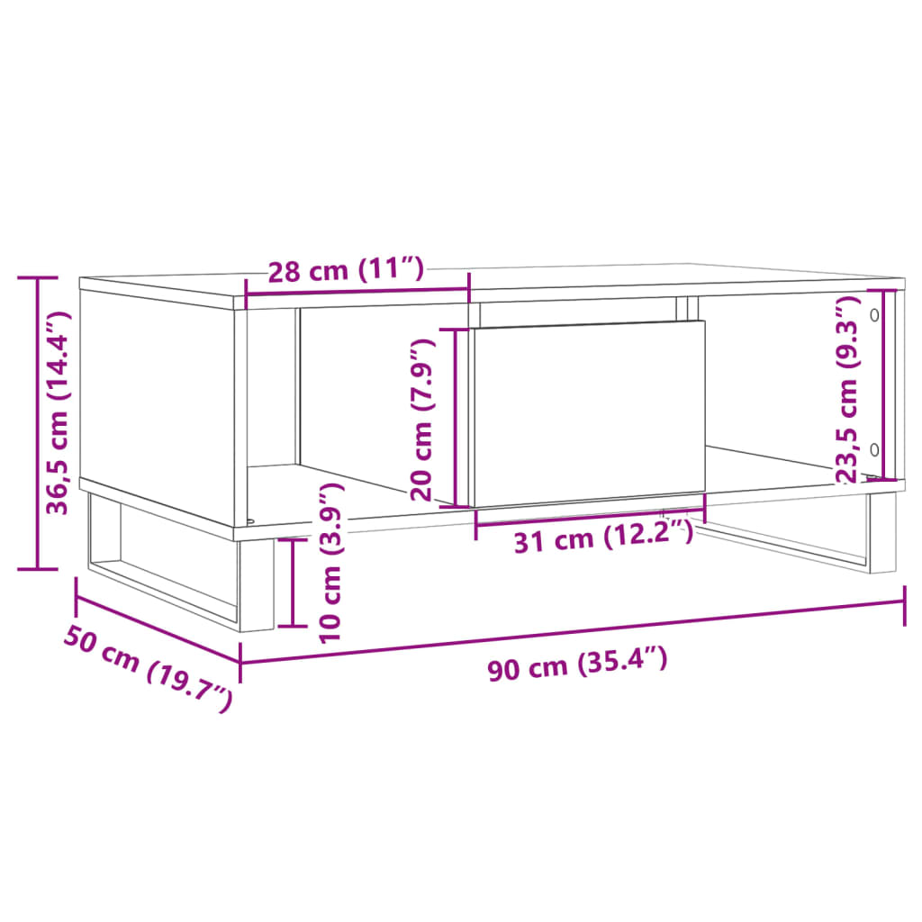 Tavolino da Salotto Rovere Artigianale 90x50x36,5 cm Truciolato 857341