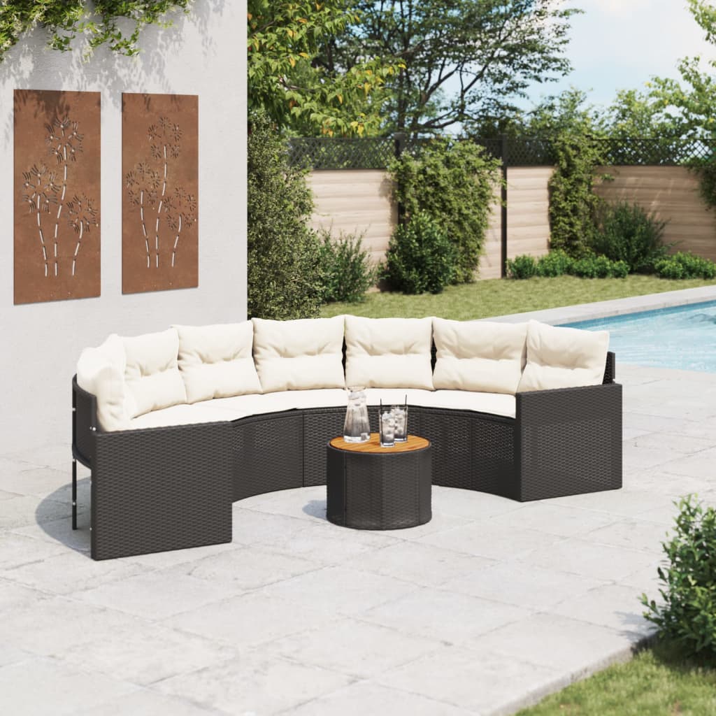 Divano Giardino Tavolo e Cuscini Semicircolare Nero Polyrattan 3318521