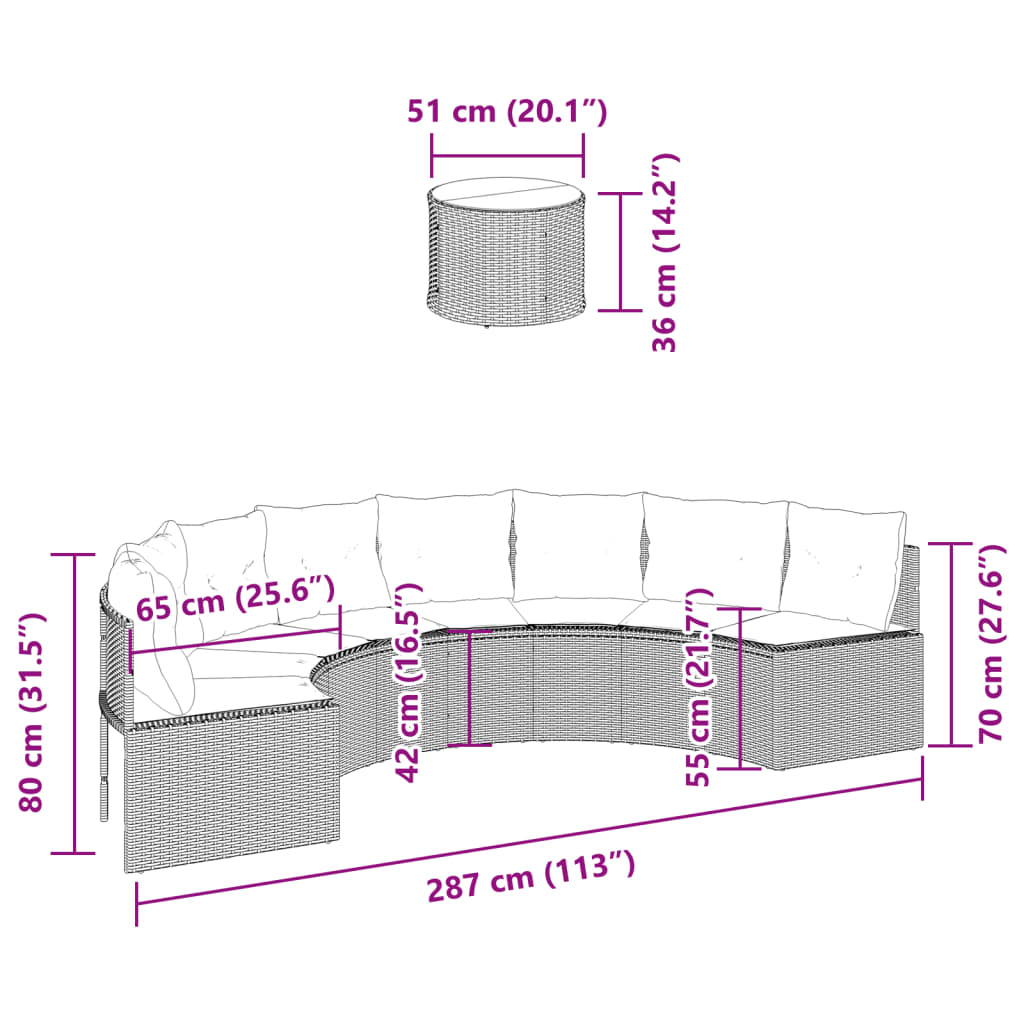 Divano Giardino Tavolo e Cuscini Semicircolare Nero Polyrattan 3318526