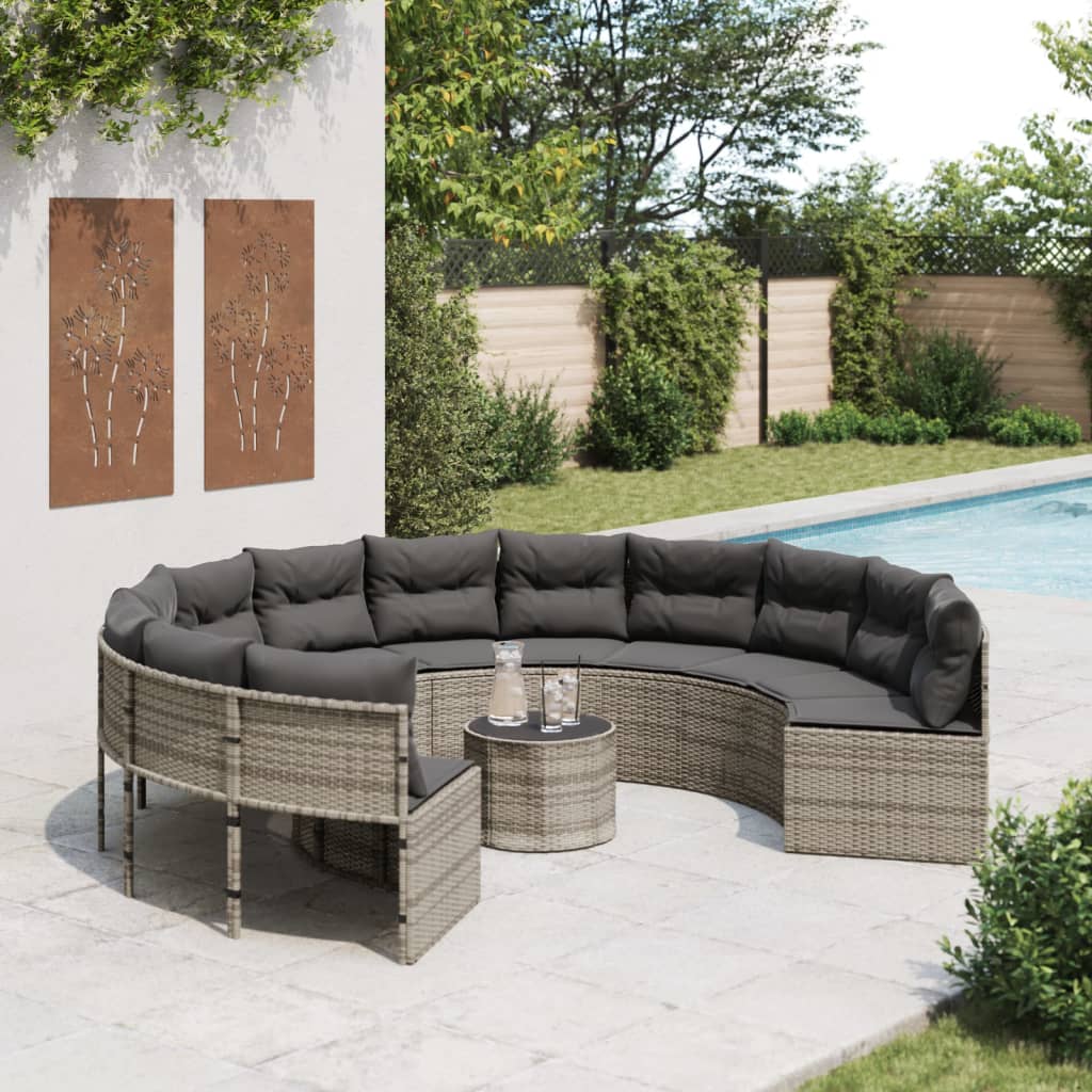 Divano da Giardino Tavolo e Cuscini Circolare Grigio Polyrattan 3318545