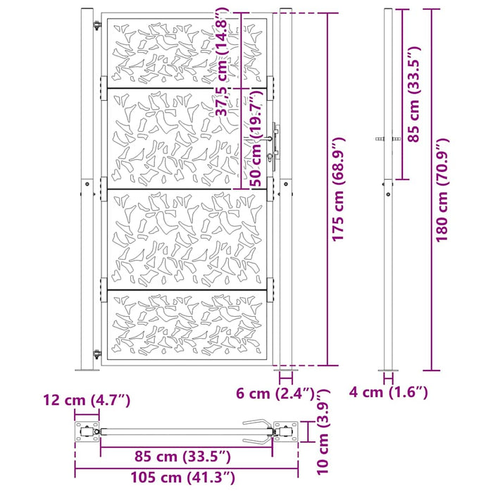 Cancello Giardino Nero 105x180 cm in Acciaio Design a Foglia 4100962