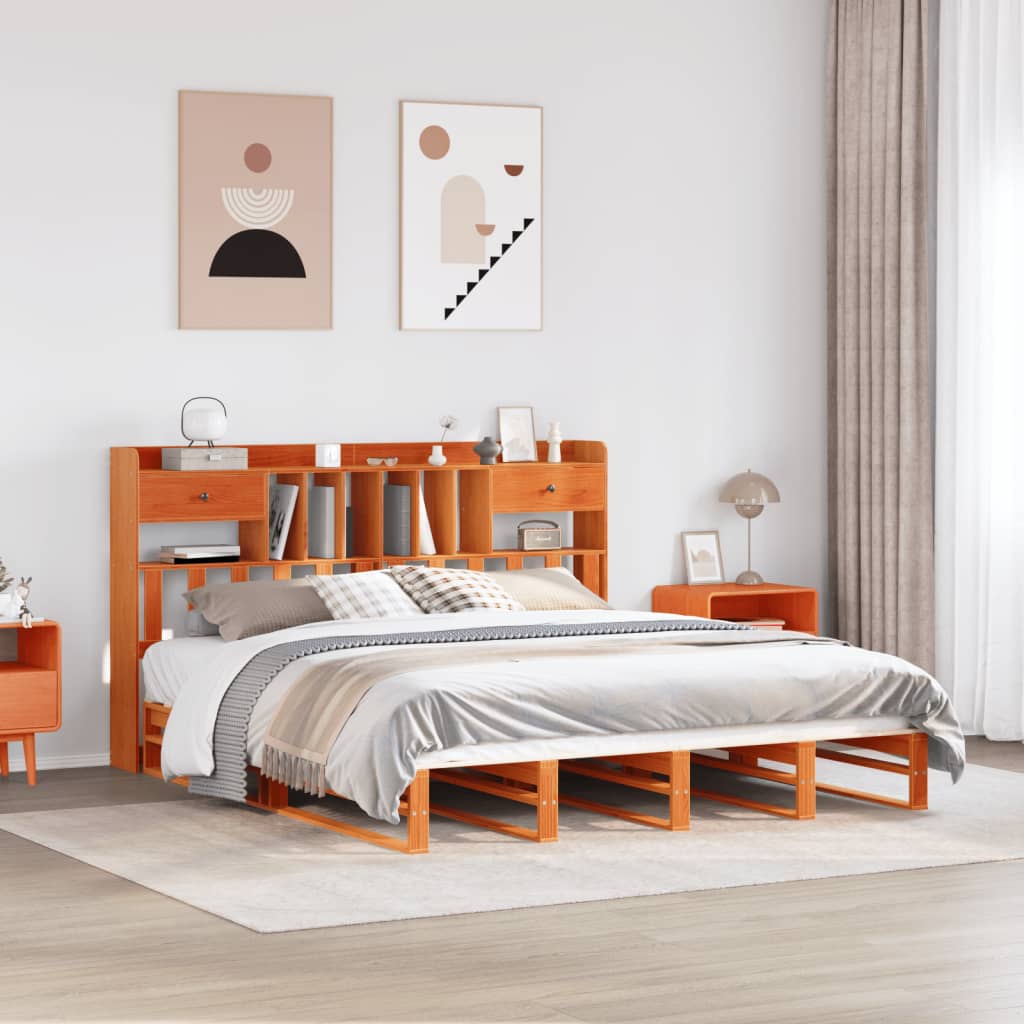 Letto Libreria senza Materasso Marrone Cera 200x200 cm in Pino 3323973