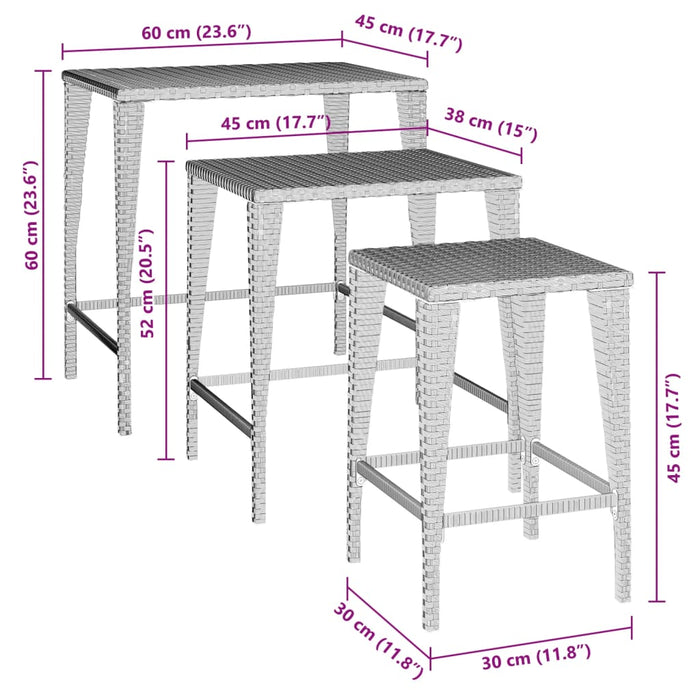 Tavolini Impilabili da Giardino 3 pz Marroni in Polyrattan 3324830