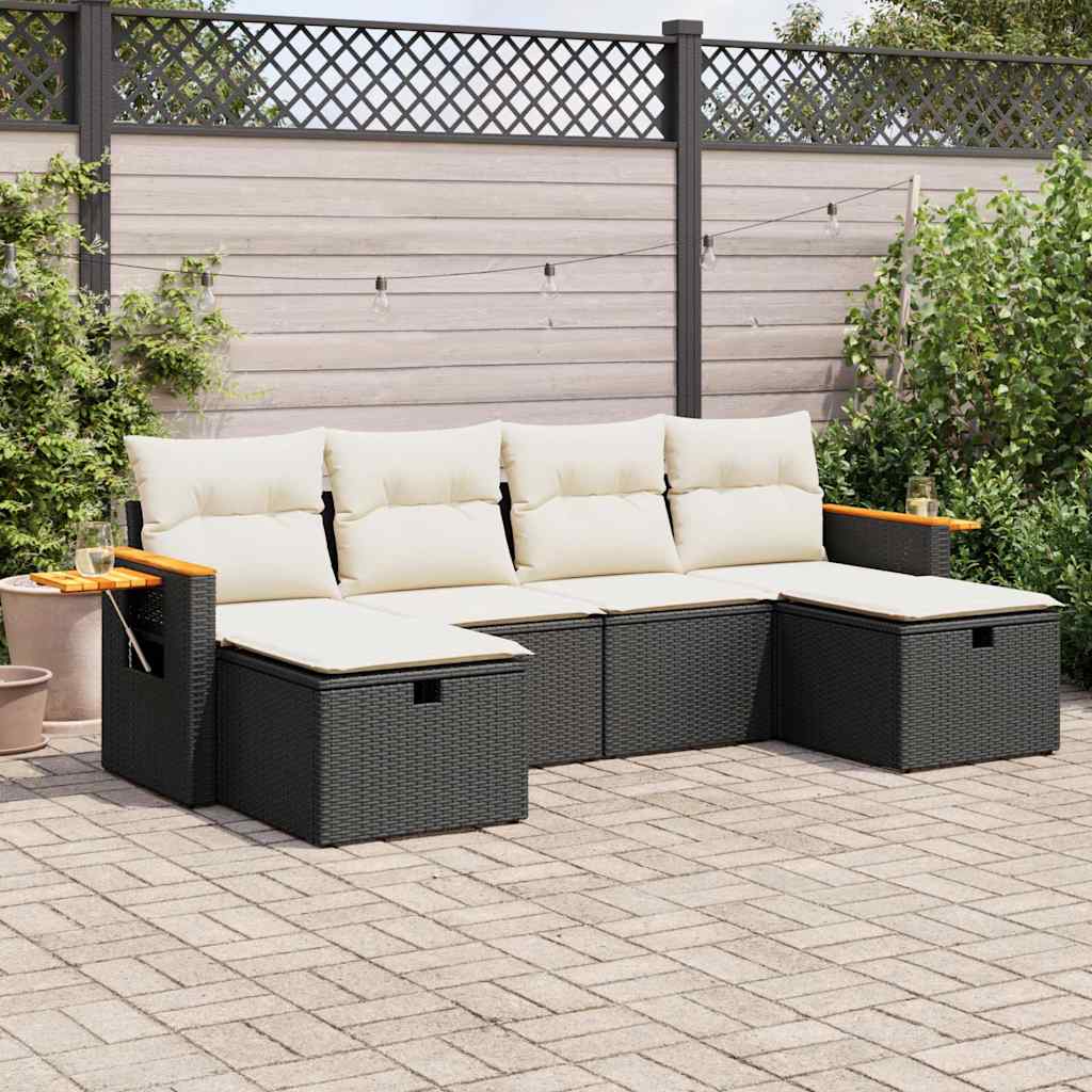 Set Divano da Giardino 6 pz con Cuscini Nero in Polyrattan 3325997