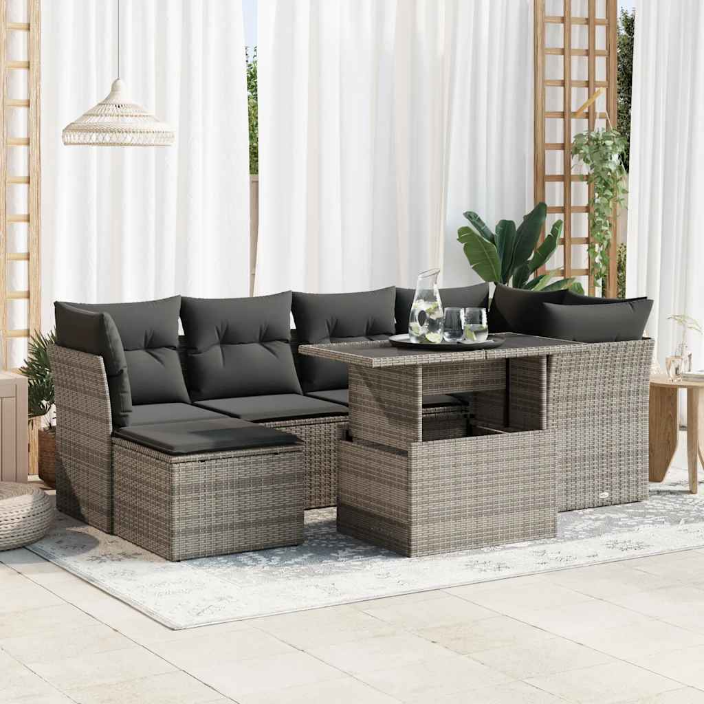 Set Divani da Giardino 7 pz con Cuscini Grigio in Polyrattan 3326191