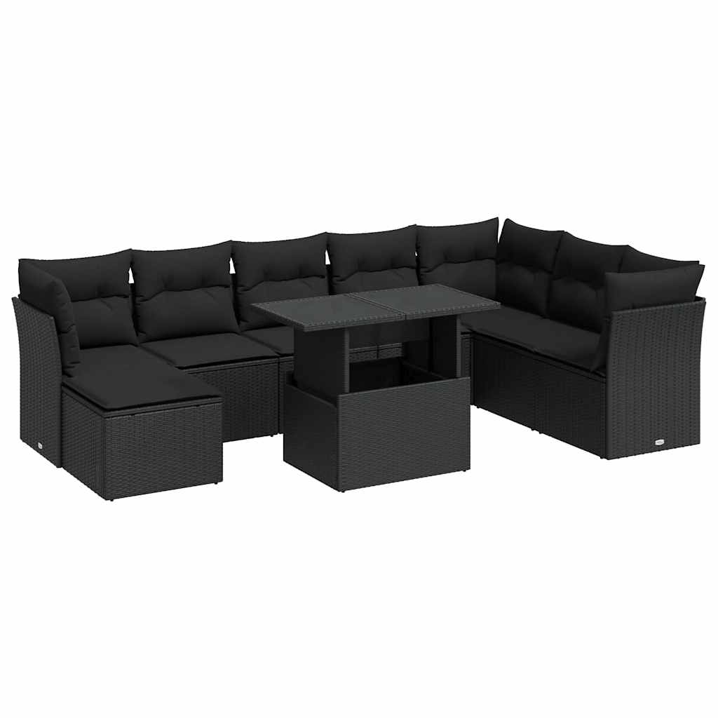 Set Divani da Giardino 9 pz con Cuscini Nero in Polyrattan 3326206